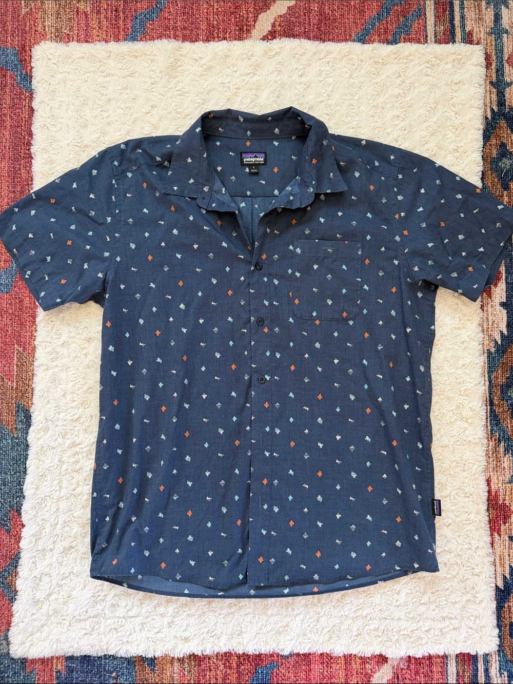 Patagonia Navy Short-Sleeve Button-Down Shirt with Light Blue & Rust Print